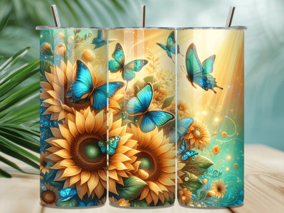 Blue Butterfly Sunflower Tumbler Wrap for Small Business Branding