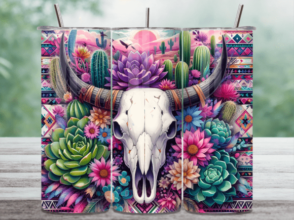 Boho Bull Skull Succulent Tumbler Wrap: A Stylish Graphic Design Asset for Trendy Projects