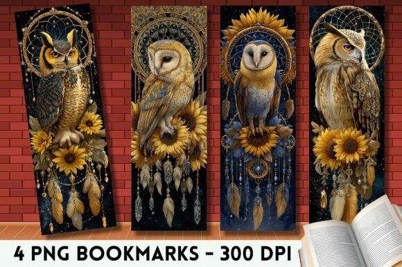 Fantasy Boho Sunflower Owl Bookmark PNG for Crafts and Creative Branding
