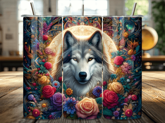 Majestic Wolf Portrait in Rose Tumbler: A Graphic Design Asset for Editorial and Web Projects
