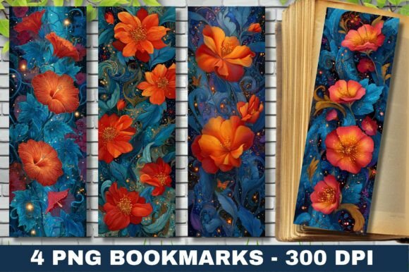 Mystic Night Blue Orange Floral Bookmark: A Versatile Print Template for Branding