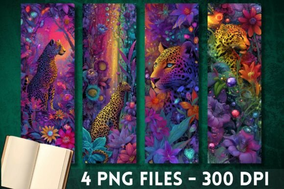 Neon Jungle Floral Leopard Bookmark PNG for Crafts and Branding