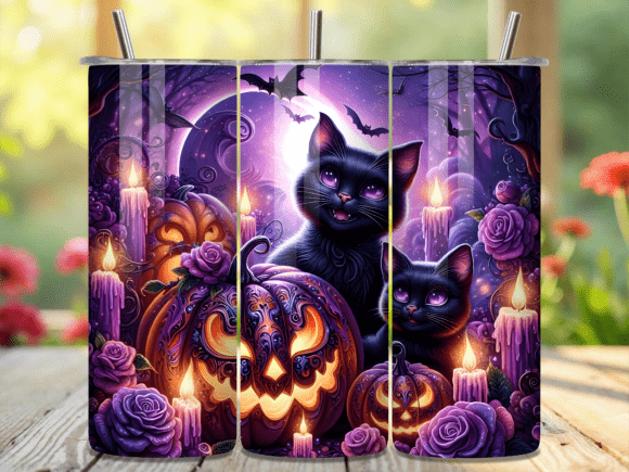 Purple Halloween Cat Pumpkin Tumbler Wrap for Seasonal Blog Graphics