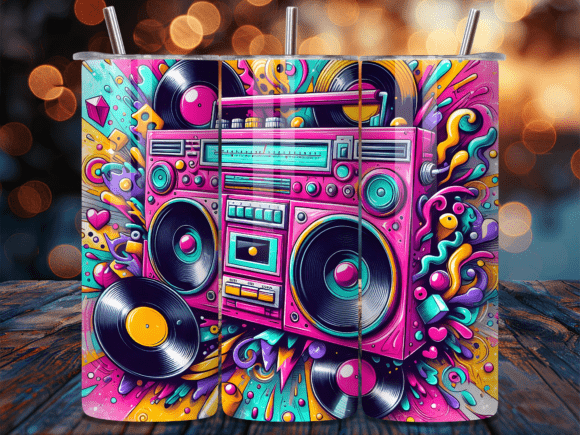 Retro Neon Boombox Tumbler Wrap: A Bold Design Asset for 80s-Themed Branding