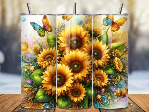 Sunflowers and Butterflies 3D Tumbler Wr: A Vibrant Design Asset for Branding