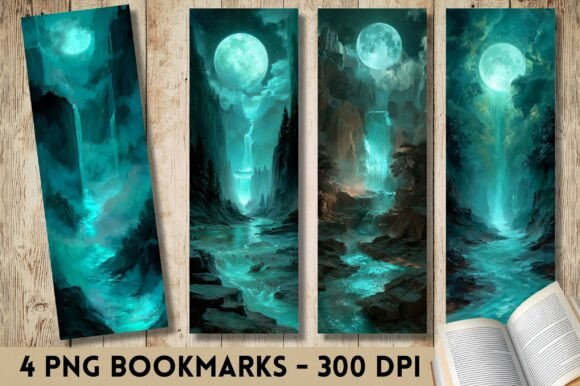 Teal Moon Waterfall River PNG Bookmark for Print Templates